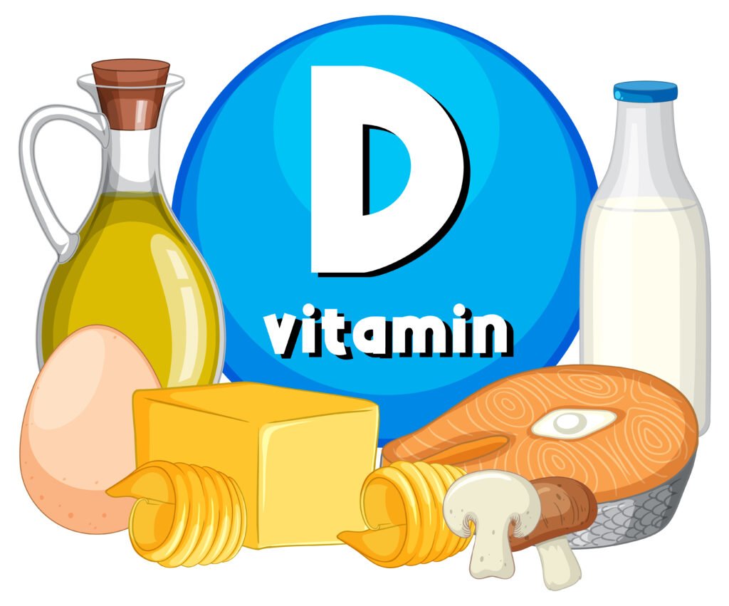 Food Containing Vitamin D: milk, fish, mushroom, eggs and olive oil