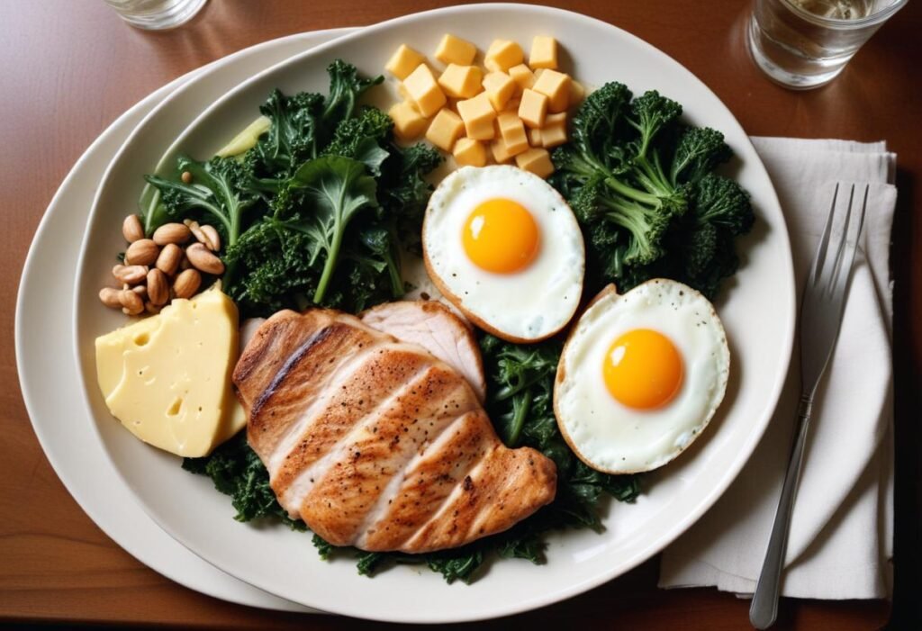 Plate of vitamin B-rich foods including green leafy vegetables, eggs, cheese, lean meat, and nuts.