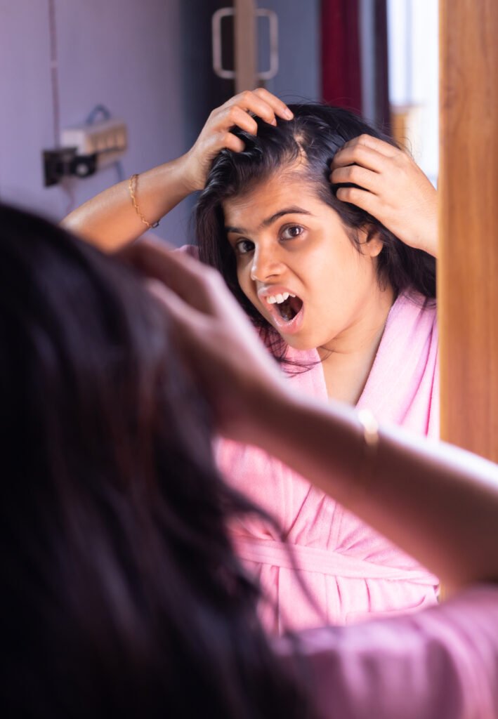 Indian woman looking worried about hair loss, holding her scalp in front of a mirror.